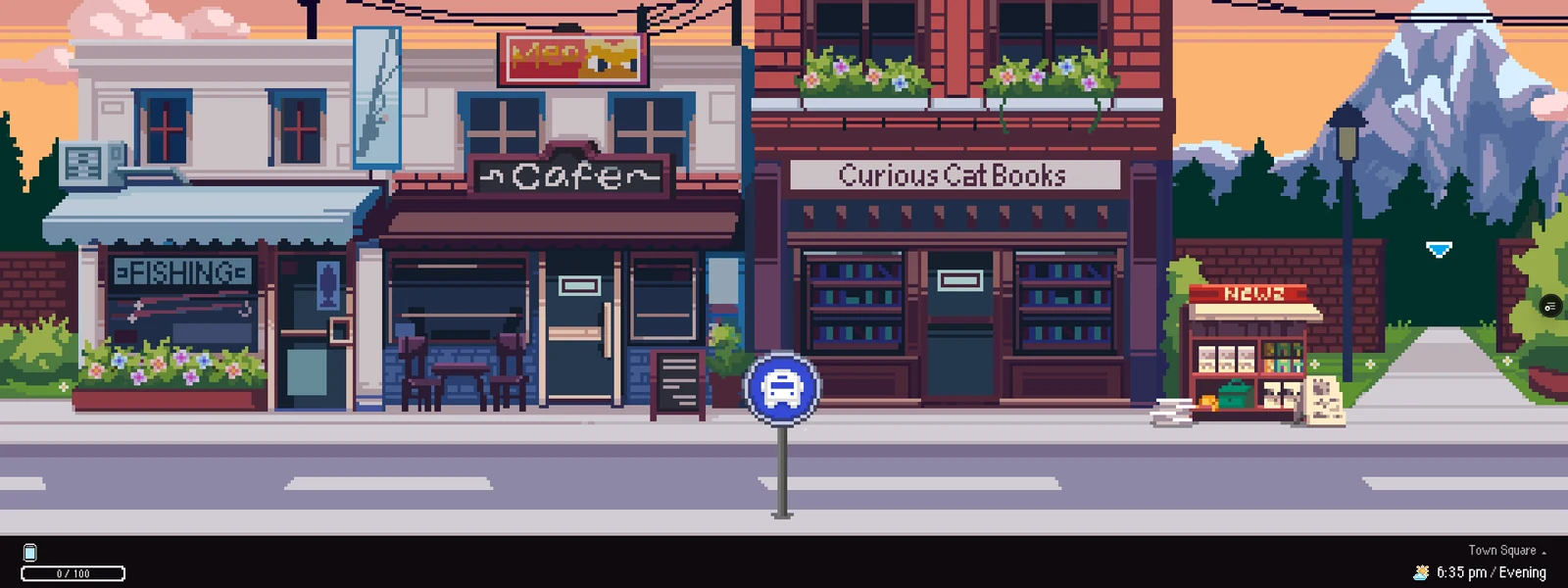 The colourful shops of Cat Town at sunset